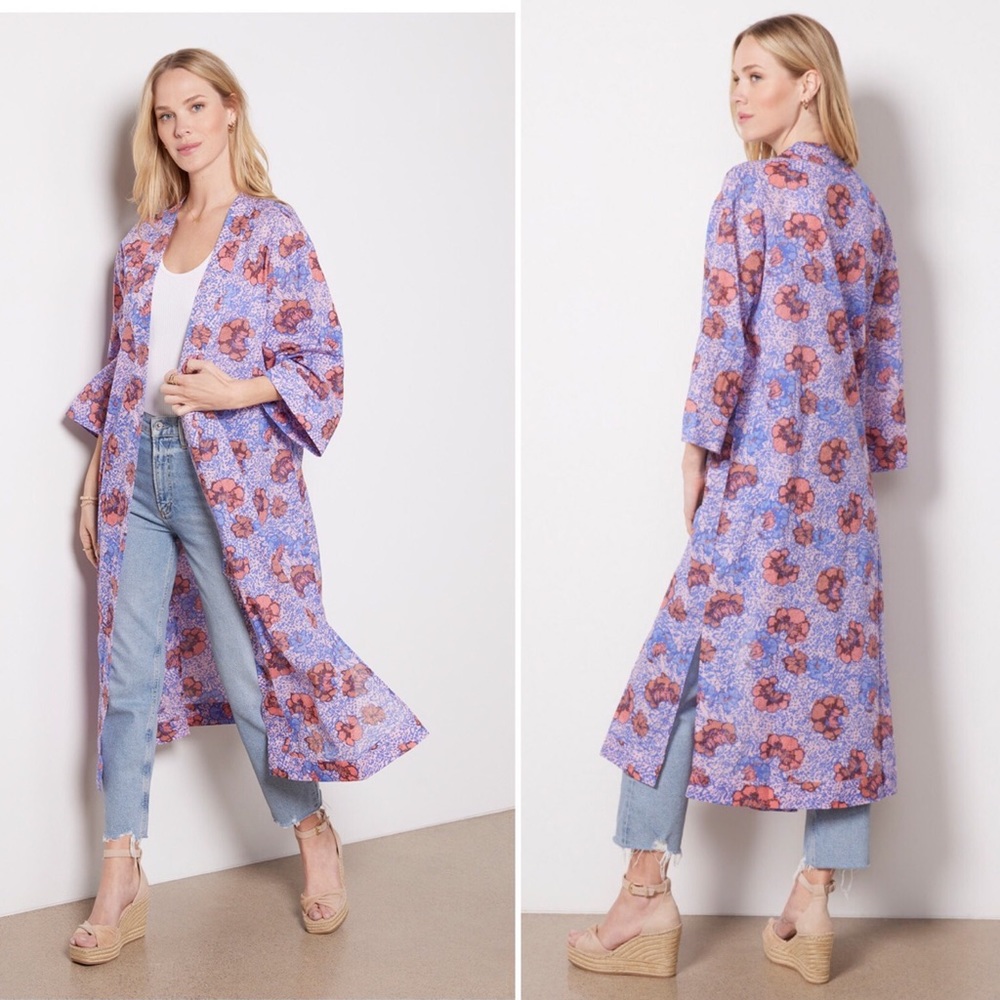 Cleobella Zoya Blue Pink Floral Open Front Duster Kimono Sz M/L